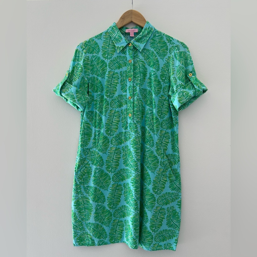 Lilly Pulitzer Turquoise Shirtdress Gold Buttons Preppy Summer